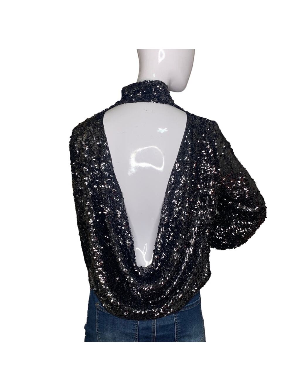 Free People Moonstruck Open Back Black Sequins Top Long Sleeve Size S